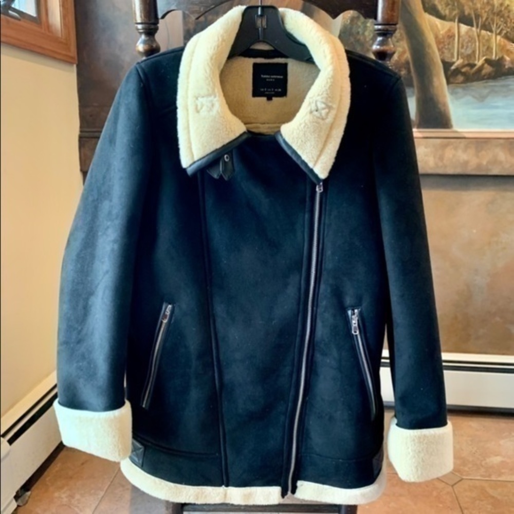 ✨✨Zara Black/Cream Trafaluc Moto Faux Shearling Coat ✨ S✨